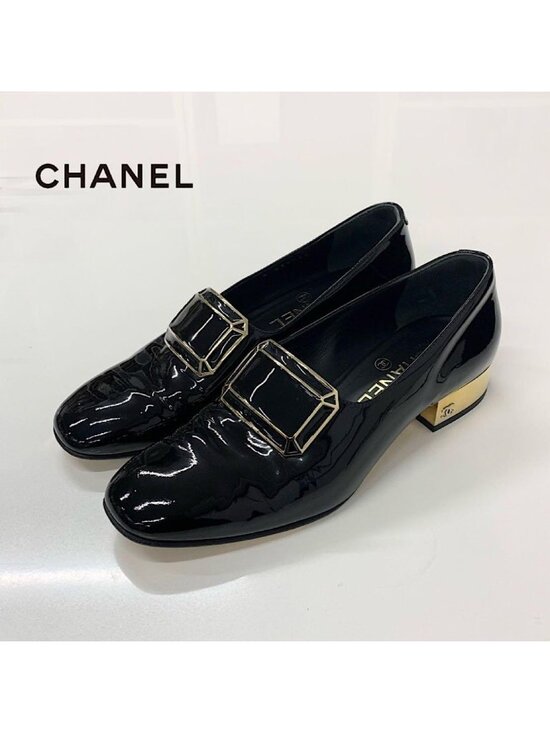 Chanel Shoes - Chanel CC Logo Patent Loafers Black Gold